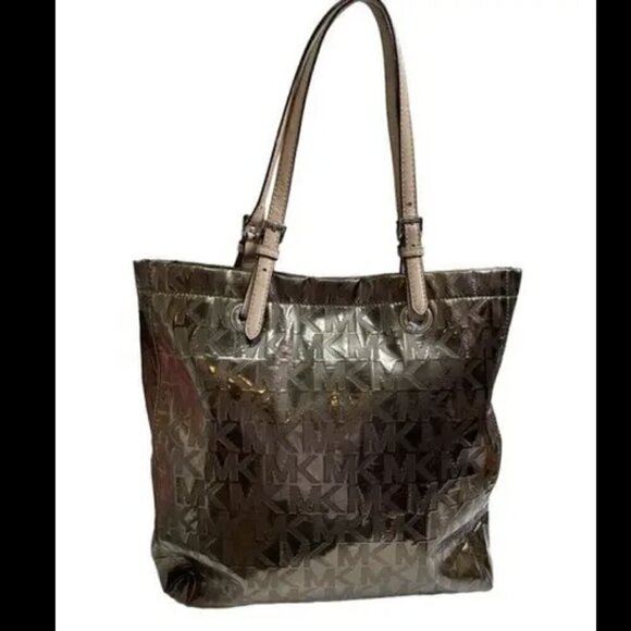 Michael Kors Metallic Patent logo tote bag purse two tone - Picture 1 of 11